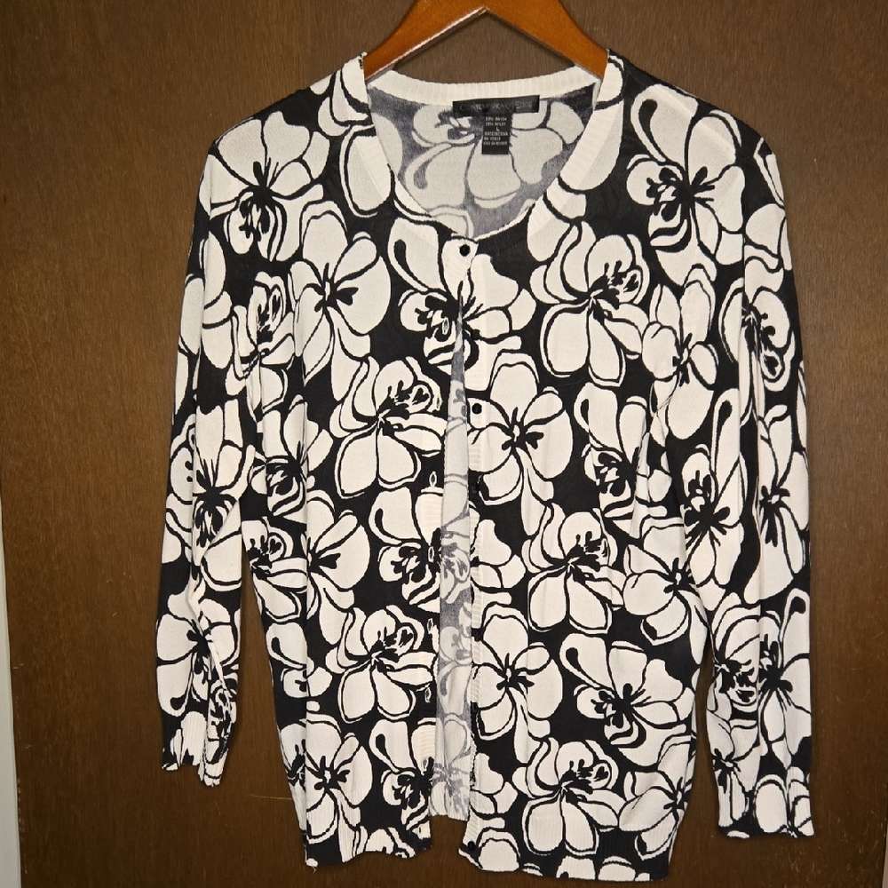 Elegant Black and White Floral Button Down Cardigan